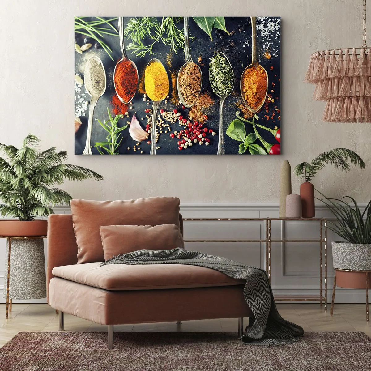 Impression sur toile - Image sur toile - Épices colorées sur des cuillères avec des herbes en arrière-plan - 70x50cm - Magie culinaire - Décoration murale moderne pour le salon et la chambre ARTTOR