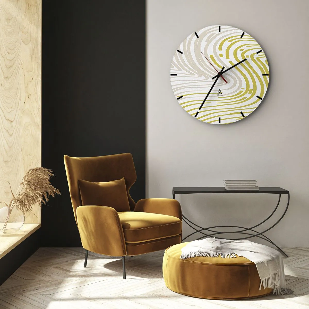 Horloge murale - Pendule murale - Des lignes abstraites en beige et jaune créent un motif tourbillonnant. - 30x30cm - Une composition au léger virage - Décoration murale moderne pour le salon, la cuisine et la chambre ARTTOR