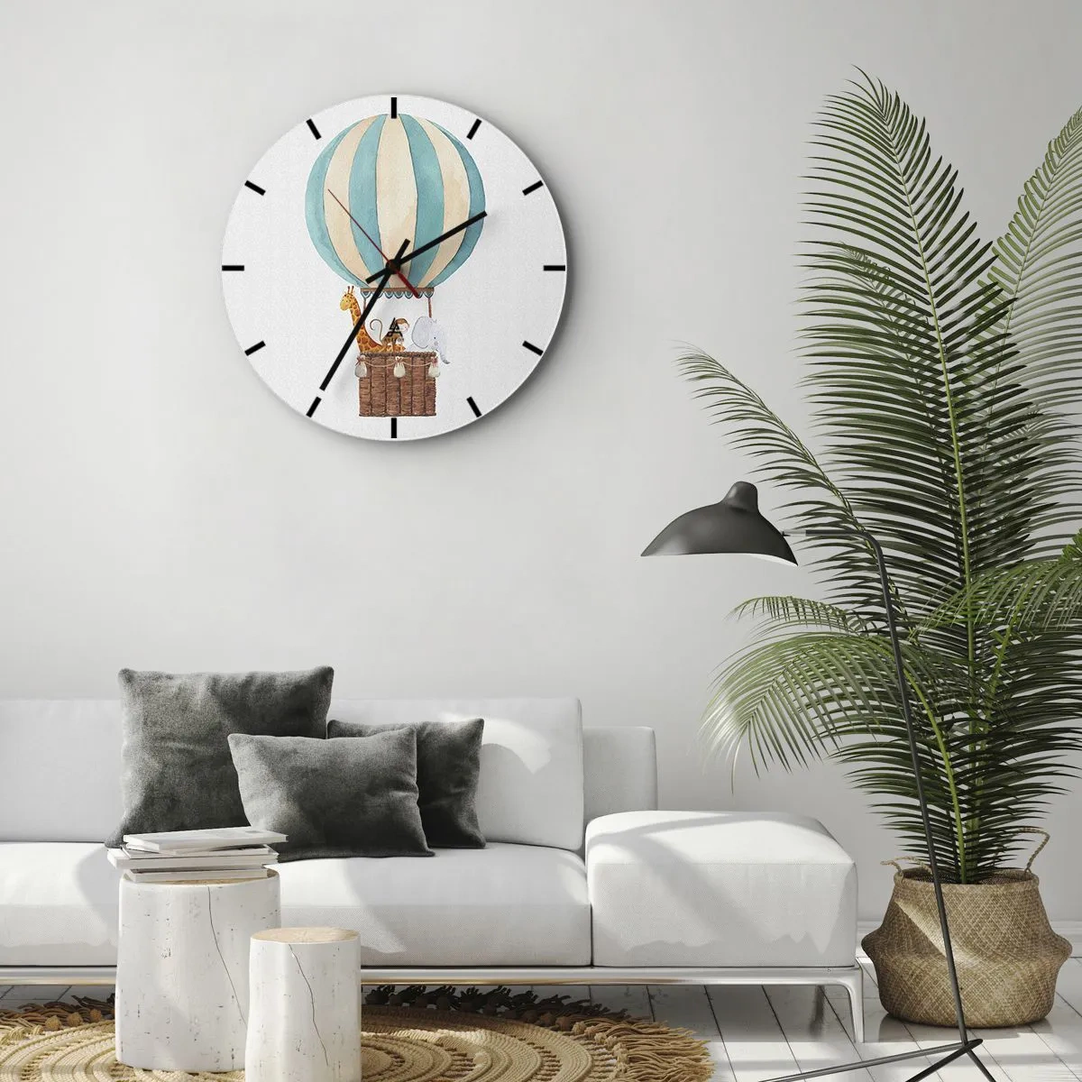 Horloge murale - Pendule murale - Un ballon avec une girafe et un éléphant flottant dans les nuages - 30x30cm - Voyage fantastique - Décoration murale moderne pour le salon, la cuisine et la chambre ARTTOR