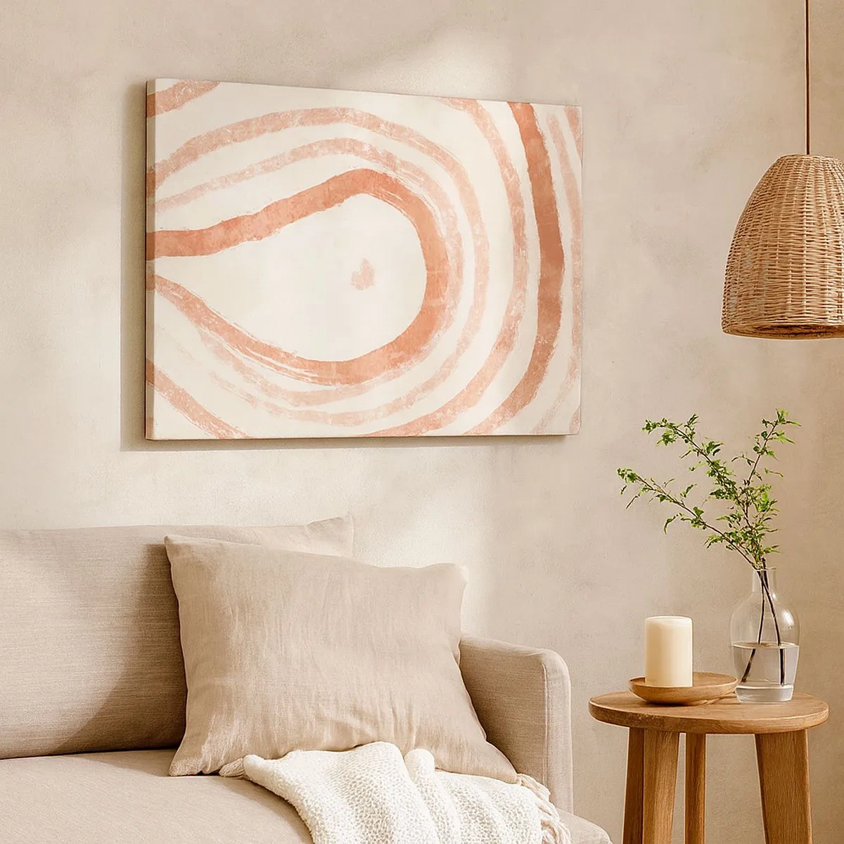 Impression sur toile - Image sur toile - Un motif abstrait de lignes concentriques dans des tons de terre cuite. - 70x50cm - Cercles de corail – composition - Décoration murale moderne pour le salon et la chambre ARTTOR