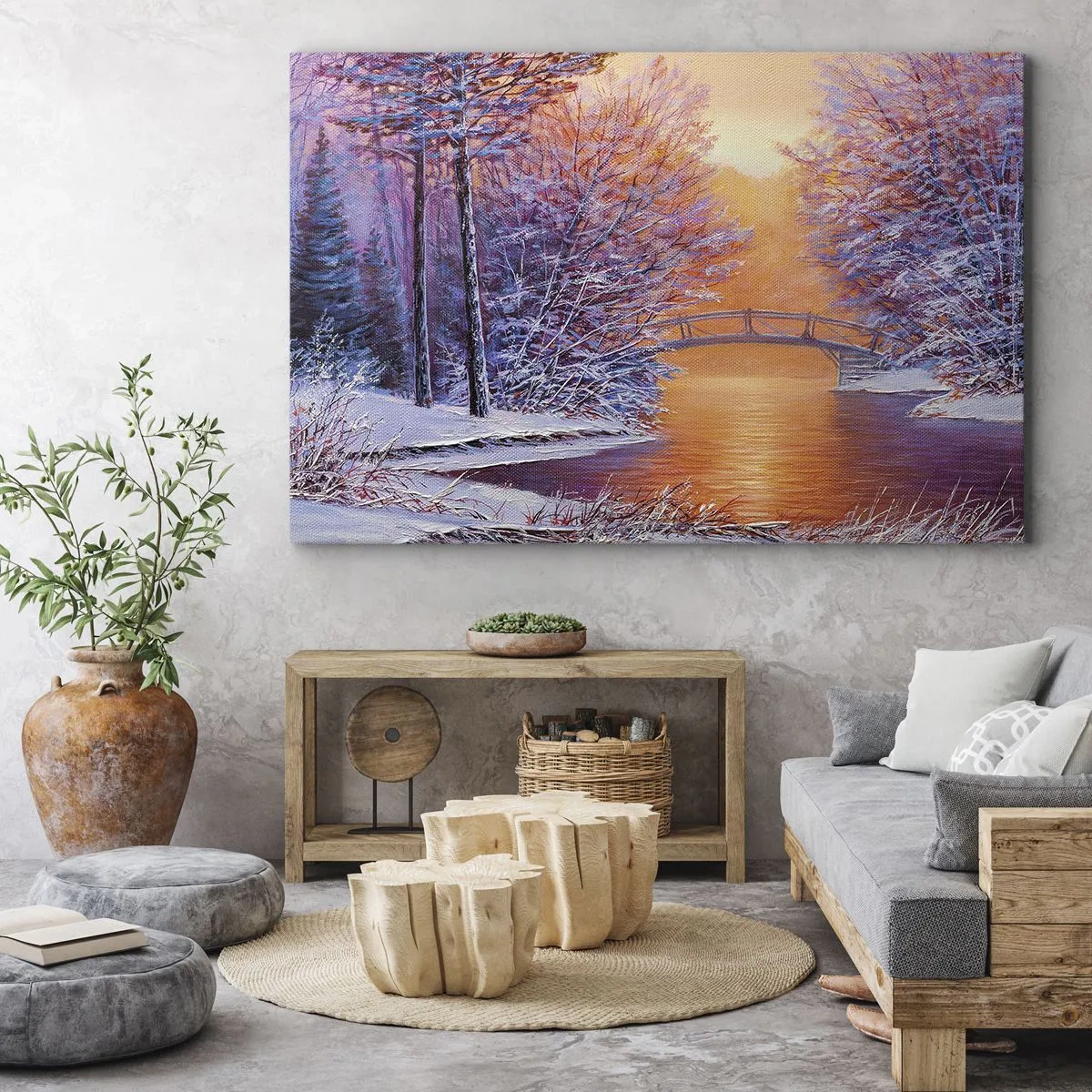 Impression sur toile - Image sur toile - Paysage d'hiver avec un pont et un coucher de soleil - 70x50cm - On se rencontre ici - Décoration murale moderne pour le salon et la chambre ARTTOR
