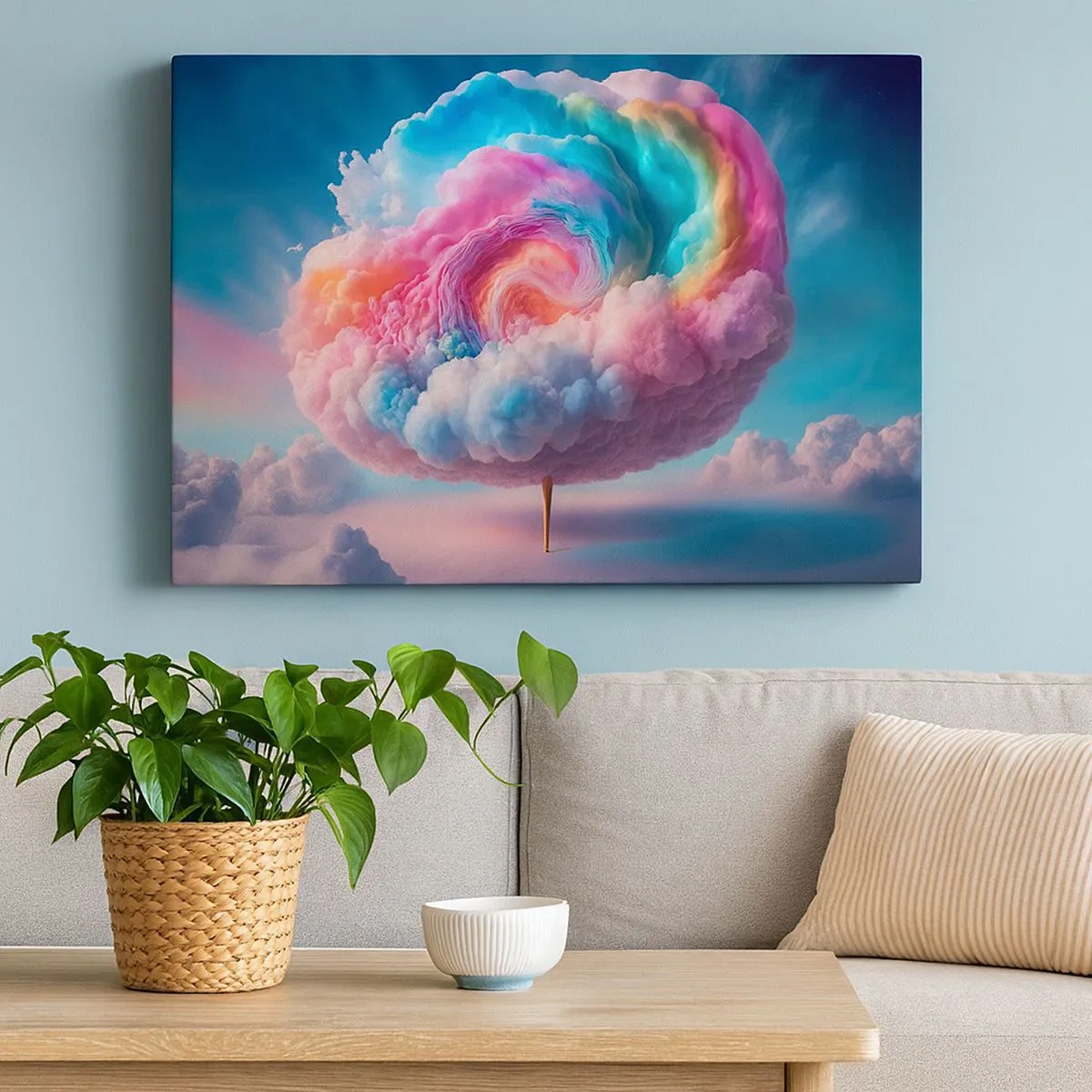 Impression sur toile - Image sur toile - Un nuage en forme de spirale aux couleurs pastel dans le ciel - 70x50cm - Le rêve d'un parc d'attractions - Décoration murale moderne pour le salon et la chambre ARTTOR