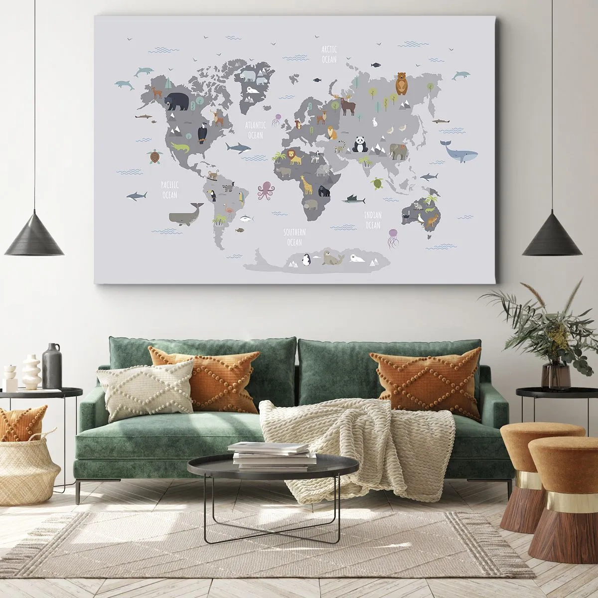 Impression sur toile - Image sur toile - Une carte du monde avec des illustrations d'animaux sur fond gris - 70x50cm - Dis-moi d'où tu viens... - Décoration murale moderne pour le salon et la chambre ARTTOR