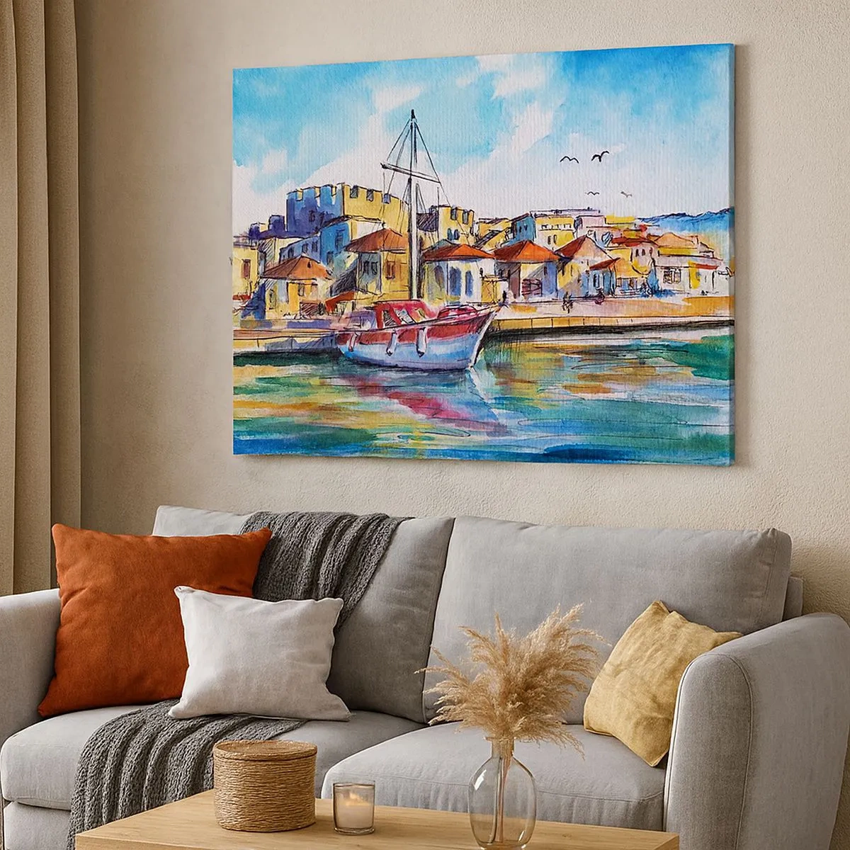 Impression sur toile - Image sur toile - Un port pittoresque avec un bateau et des bâtiments colorés - 70x50cm - Après-midi arc-en-ciel - Décoration murale moderne pour le salon et la chambre ARTTOR