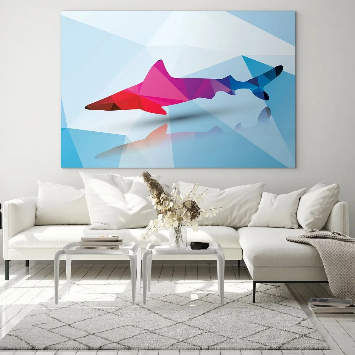 Impression sur verre - Image sur verre - Requin géométrique dans les tons de rouge et de bleu - 70x50cm - Un requin dans un espace de cristal - Décoration murale moderne pour le salon et la chambre ARTTOR