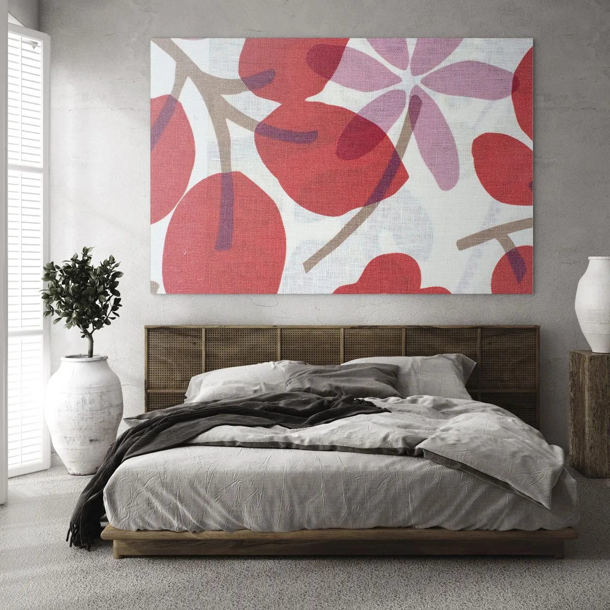 Impression sur verre - Image sur verre - Feuilles et fleurs roses et rouges sur fond clair - 70x50cm - Composition florale dans les roses - Décoration murale moderne pour le salon et la chambre ARTTOR