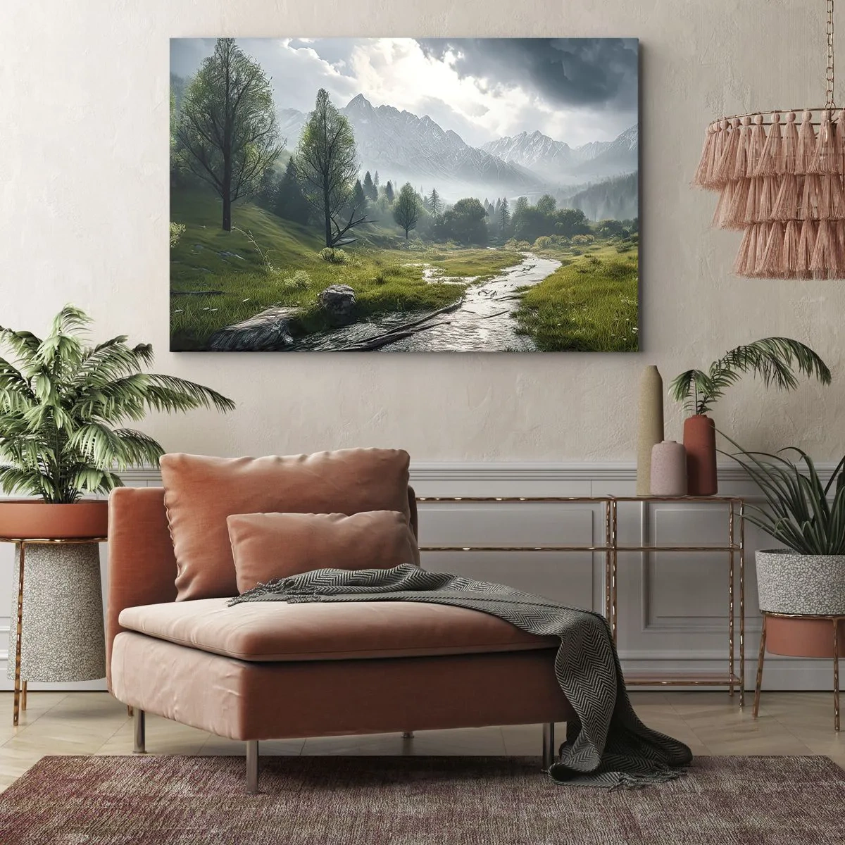 Impression sur toile - Image sur toile - Un paysage de montagne avec une rivière et des arbres entourés de montagnes brumeuses - 70x50cm - Aller et retour - Décoration murale moderne pour le salon et la chambre ARTTOR