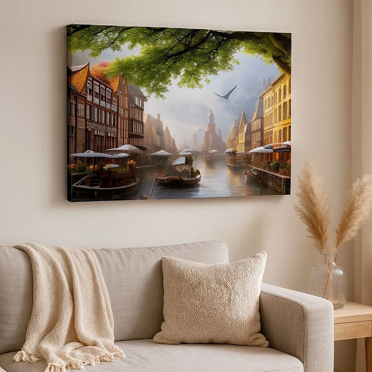 Impression sur toile - Image sur toile - Un paysage hollandais pittoresque avec un canal et des maisons de rapport - 70x50cm - Paysage urbain néerlandais - Décoration murale moderne pour le salon et la chambre ARTTOR