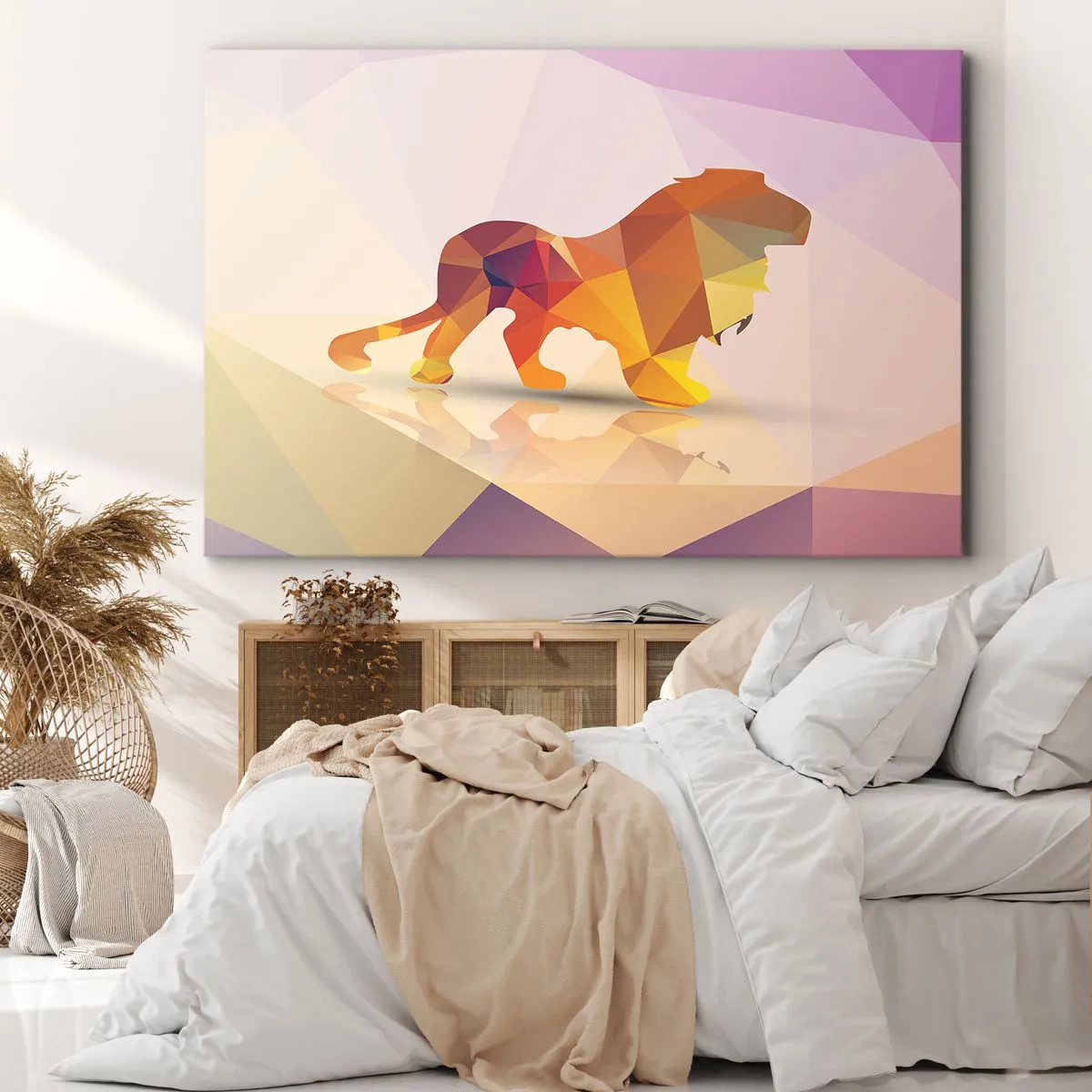 Impression sur toile - Image sur toile - Silhouette géométrique d'un lion dans les tons jaune et orange - 70x50cm - Le roi du diamant - Décoration murale moderne pour le salon et la chambre ARTTOR