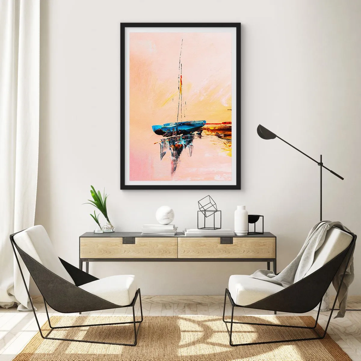 Affiche dans un cadre noir - Poster - Bateau abstrait sur une eau calme au coucher du soleil - 50x70cm - Soirée à la marina - Décoration murale moderne pour le salon et la chambre ARTTOR