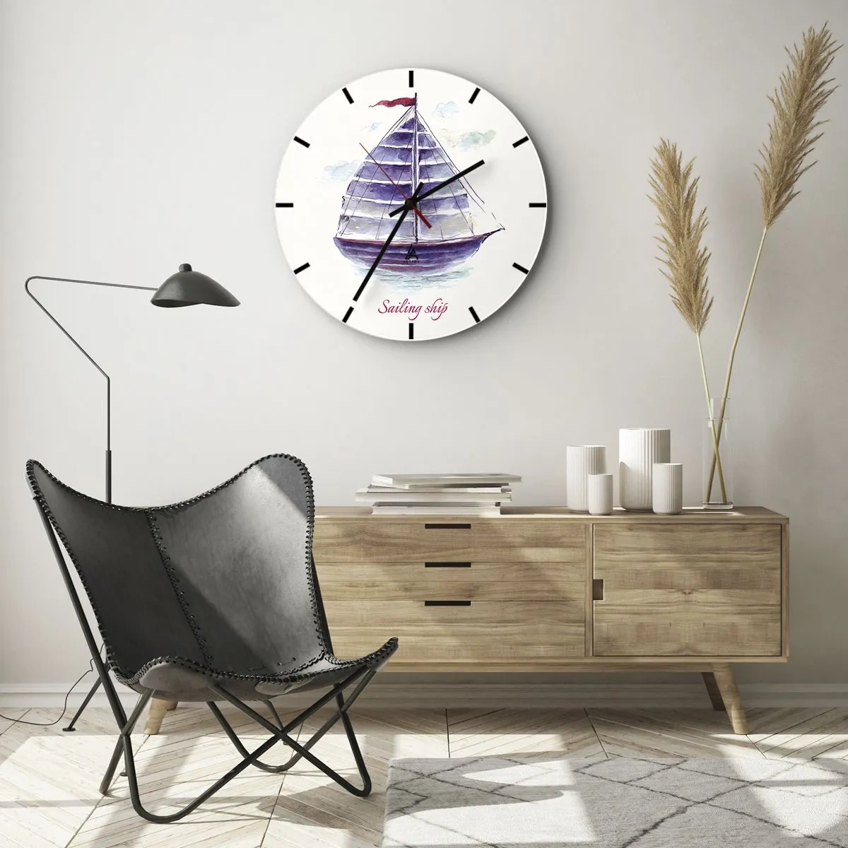 Horloge murale - Pendule murale - Un voilier violet avec un mât rouge sur une mer calme - 30x30cm - Plein de voiles et d’eau calme - Décoration murale moderne pour le salon, la cuisine et la chambre ARTTOR