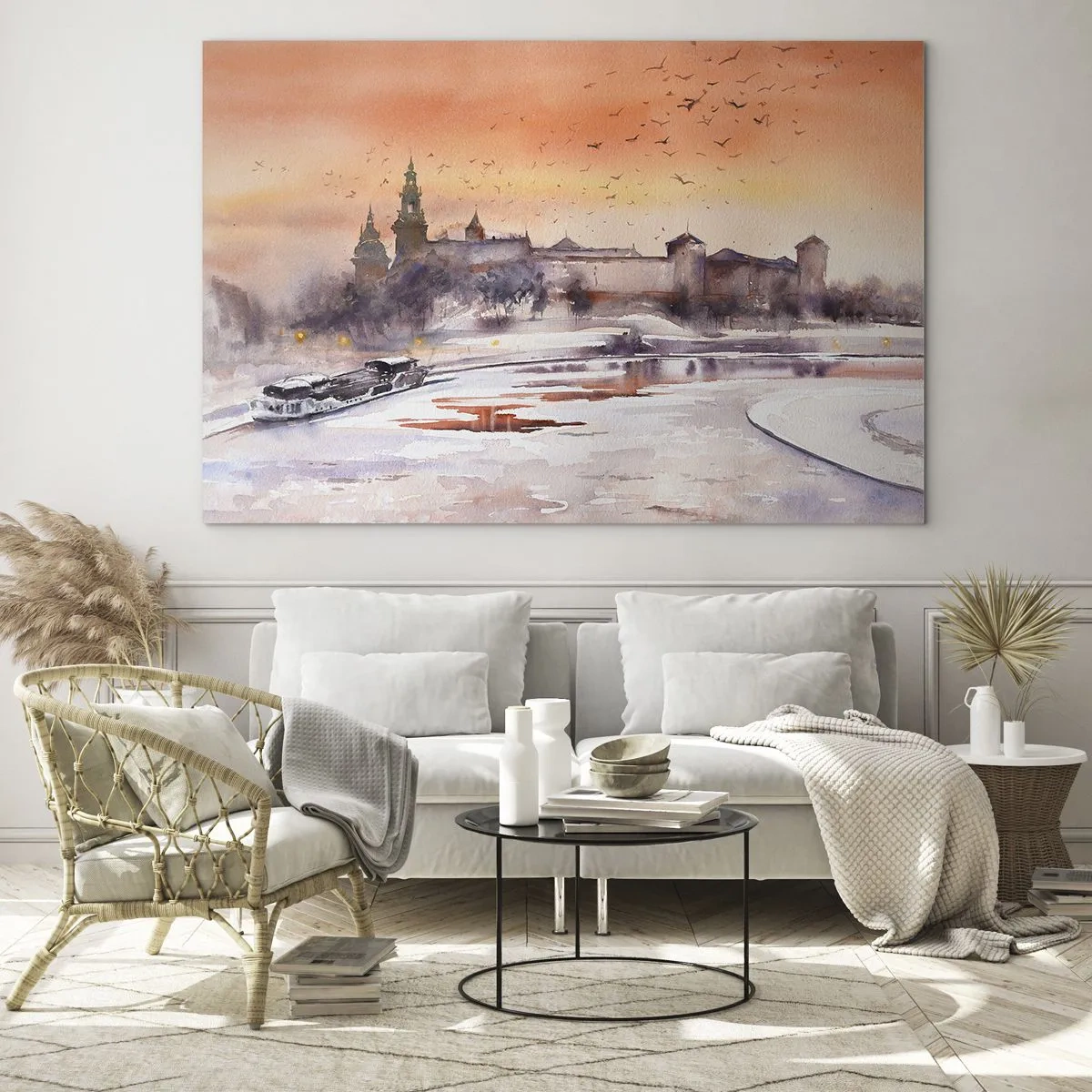 Impression sur verre - Image sur verre - Coucher de soleil sur le château royal et la rivière en hiver - 70x50cm - Coucher de soleil royal - Décoration murale moderne pour le salon et la chambre ARTTOR