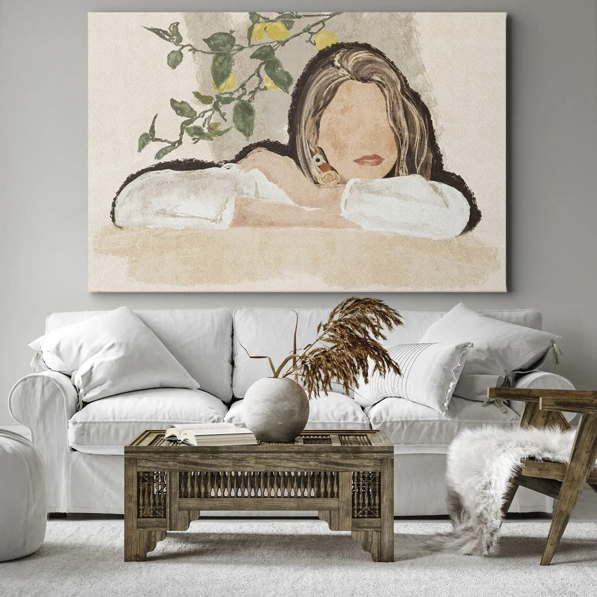 Impression sur toile - Image sur toile - La figure d'une femme sur fond de citronnier - 70x50cm - La beauté du sud - Décoration murale moderne pour le salon et la chambre ARTTOR