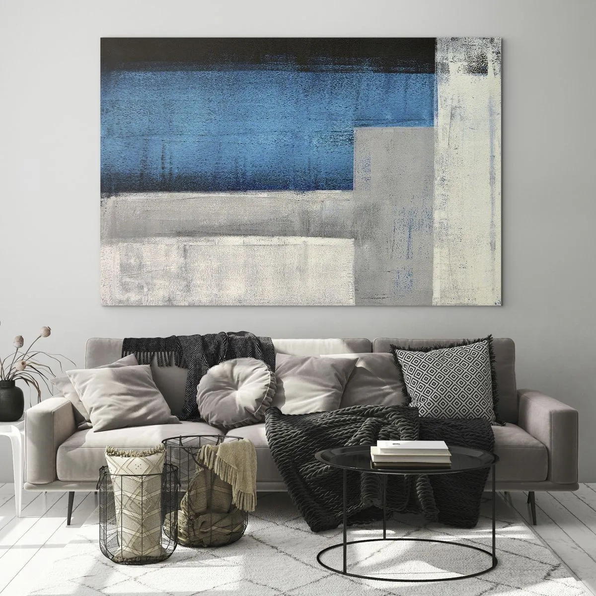 Impression sur verre - Image sur verre - Abstraction géométrique en bleu, gris et blanc - 70x50cm - Une composition poétique de gris et de bleu - Décoration murale moderne pour le salon et la chambre ARTTOR