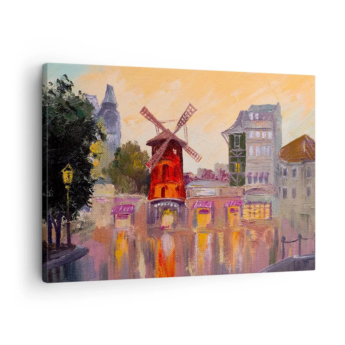 Impression sur toile - Image sur toile - Le moulin à vent rouge du Moulin Rouge entouré par le paysage urbain - 70x50cm - Icones parisiennes – le Moulin rouge - Décoration murale moderne pour le salon et la chambre ARTTOR