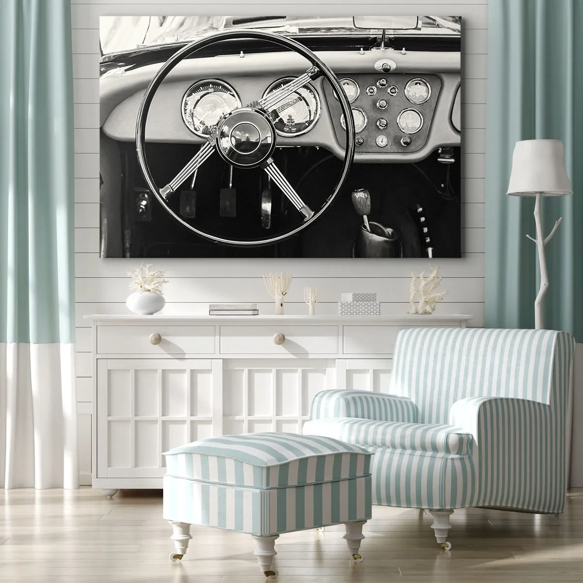 Impression sur toile - Image sur toile - Intérieur de voiture classique noir et blanc - 70x50cm - Rêve de collectionneur - Décoration murale moderne pour le salon et la chambre ARTTOR