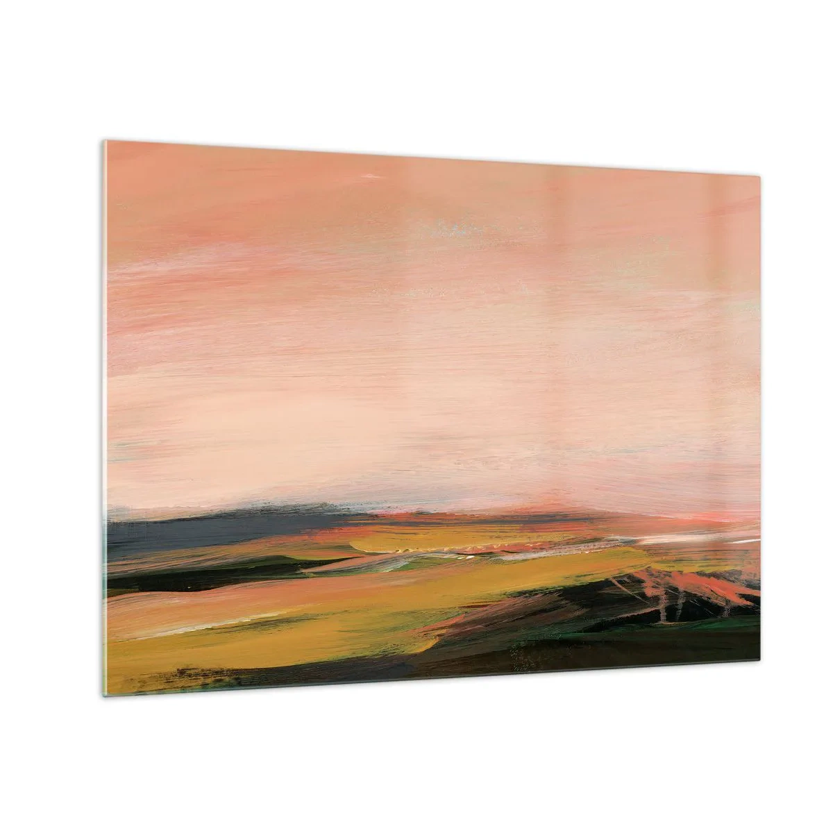 Impression sur verre - Image sur verre - Un paysage abstrait dans des tons de rose et de vert cassé. - 70x50cm - Dans les tons de roses - Décoration murale moderne pour le salon et la chambre ARTTOR