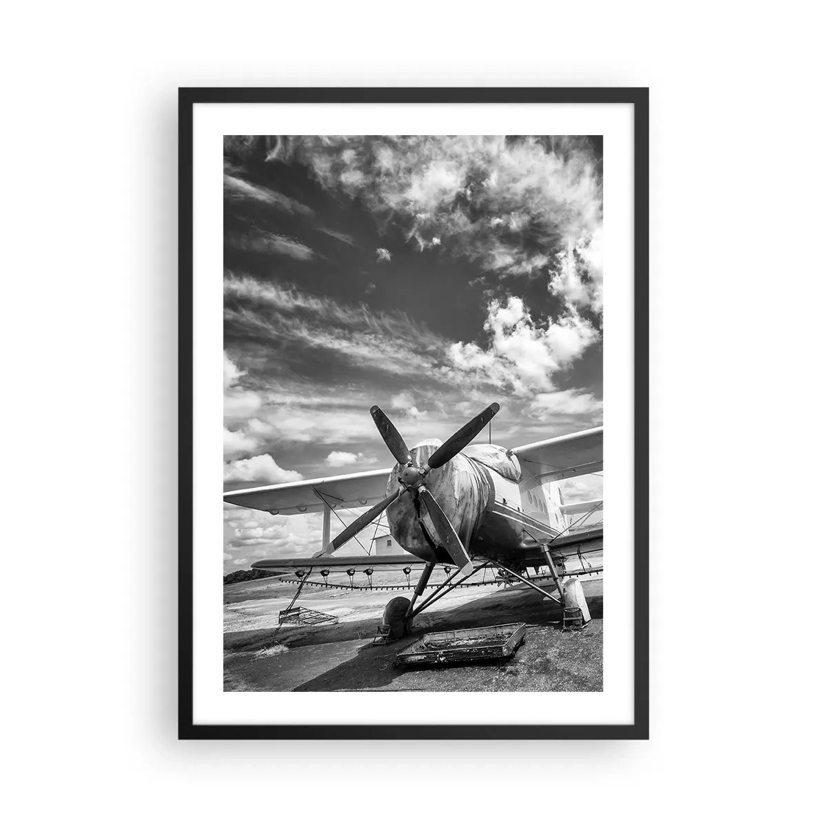 Affiche dans un cadre noir - Poster - Photo en noir et blanc d'un avion rétro contre le ciel - 50x70cm - Je suis impatient! - Décoration murale moderne pour le salon et la chambre ARTTOR