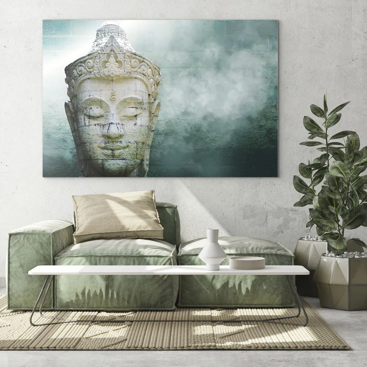 Impression sur verre - Image sur verre - Statue de Bouddha dans une atmosphère mystique - 70x50cm - A la recherche de la lumière - Décoration murale moderne pour le salon et la chambre ARTTOR