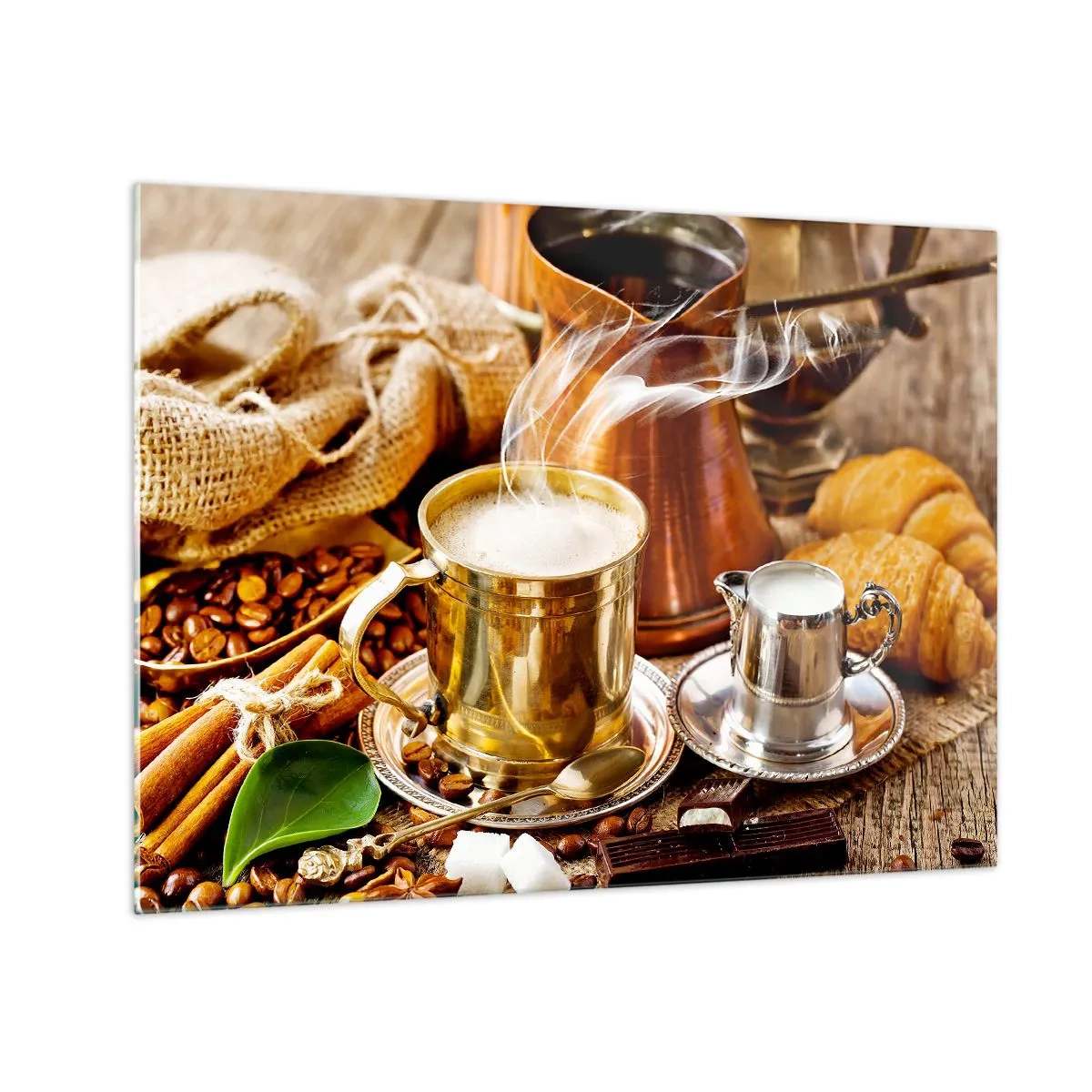 Impression sur verre - Image sur verre - Une tasse de café dorée avec du lait entourée de céréales et de croissants - 70x50cm - Bonne journée! - Décoration murale moderne pour le salon et la chambre ARTTOR
