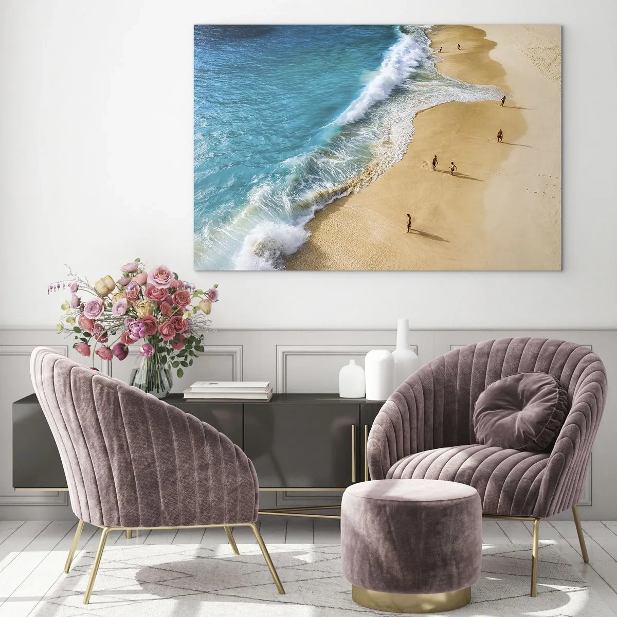 Impression sur verre - Image sur verre - Une plage dorée avec de l'eau turquoise et des gens marchant le long du rivage - 70x50cm - Et ensuite le soleil, la plage… - Décoration murale moderne pour le salon et la chambre ARTTOR