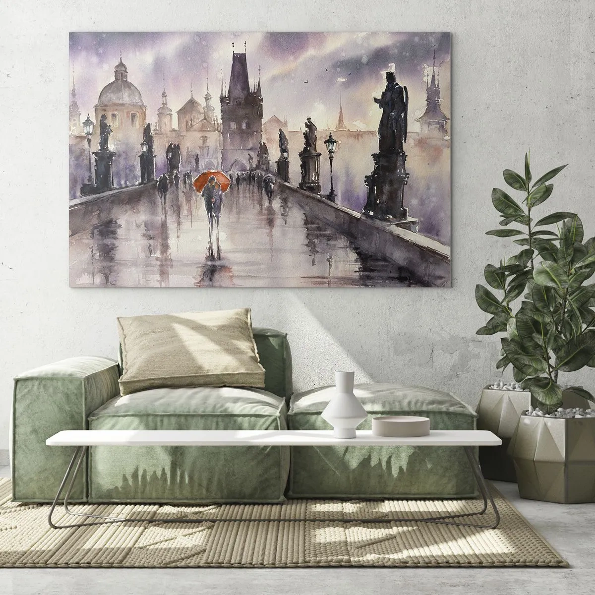 Impression sur verre - Image sur verre - Marcher sous la pluie sur un pont avec un parapluie orange - 70x50cm - Les gens ne changent pas - Décoration murale moderne pour le salon et la chambre ARTTOR