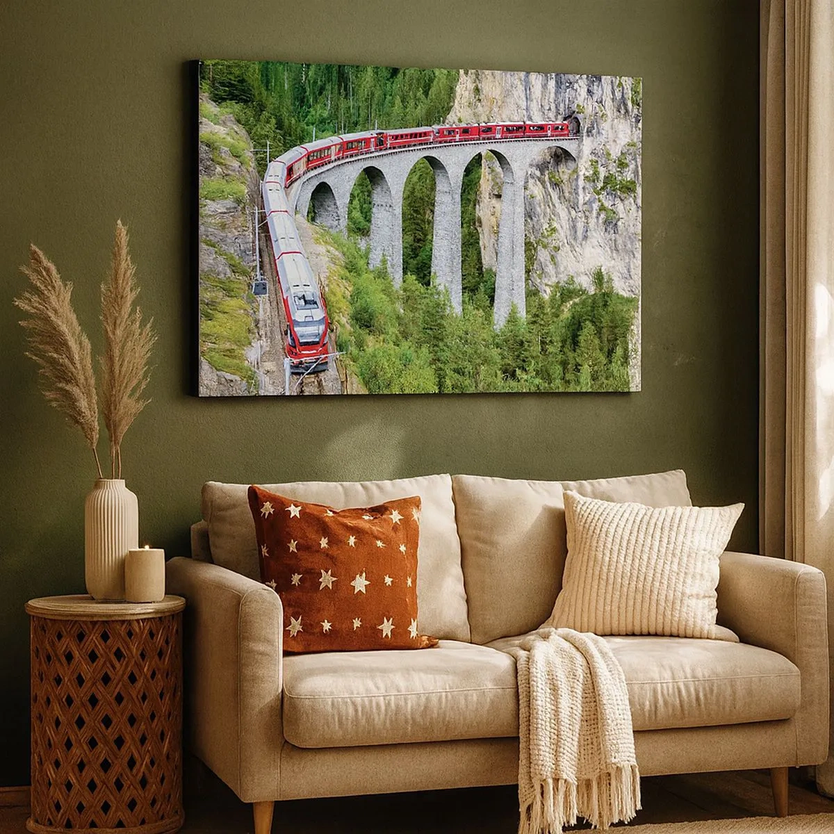 Impression sur toile - Image sur toile - Un train sur un viaduc pittoresque dans un paysage montagneux - 70x50cm - Chemin de fer avec vue sur la montagne - Décoration murale moderne pour le salon et la chambre ARTTOR