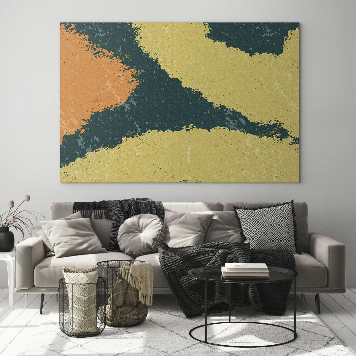 Impression sur verre - Image sur verre - Une abstraction fluide en moutarde, vert et orange. - 70x50cm - Abstraction – mouvement lent - Décoration murale moderne pour le salon et la chambre ARTTOR