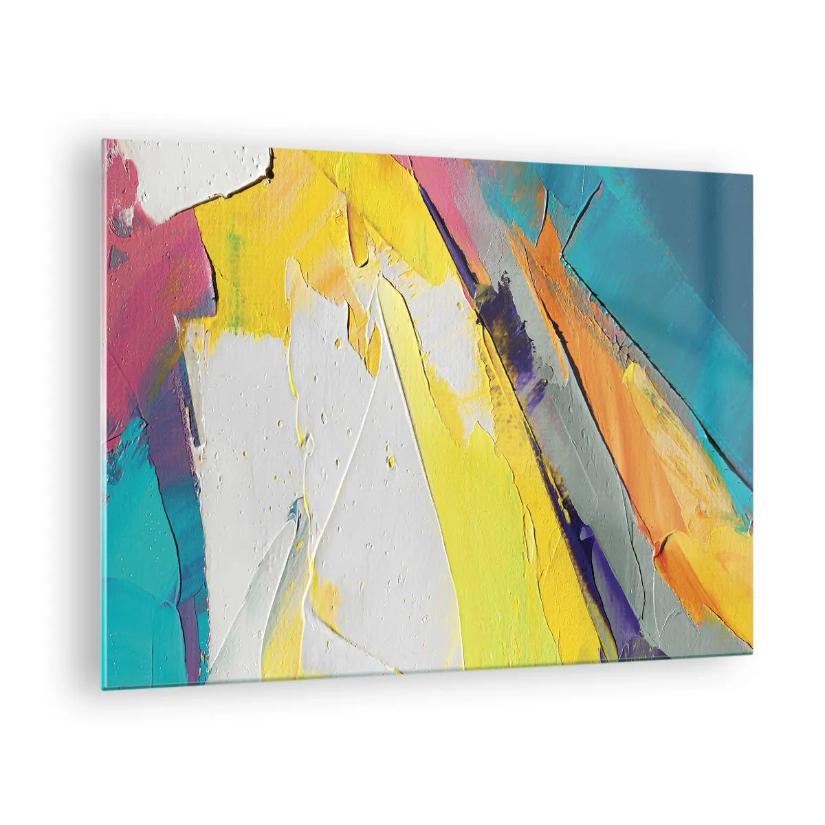 Impression sur verre - Image sur verre - Coups de pinceau abstraits en jaune, bleu et blanc - 70x50cm - Anatomie du monde - Décoration murale moderne pour le salon et la chambre ARTTOR