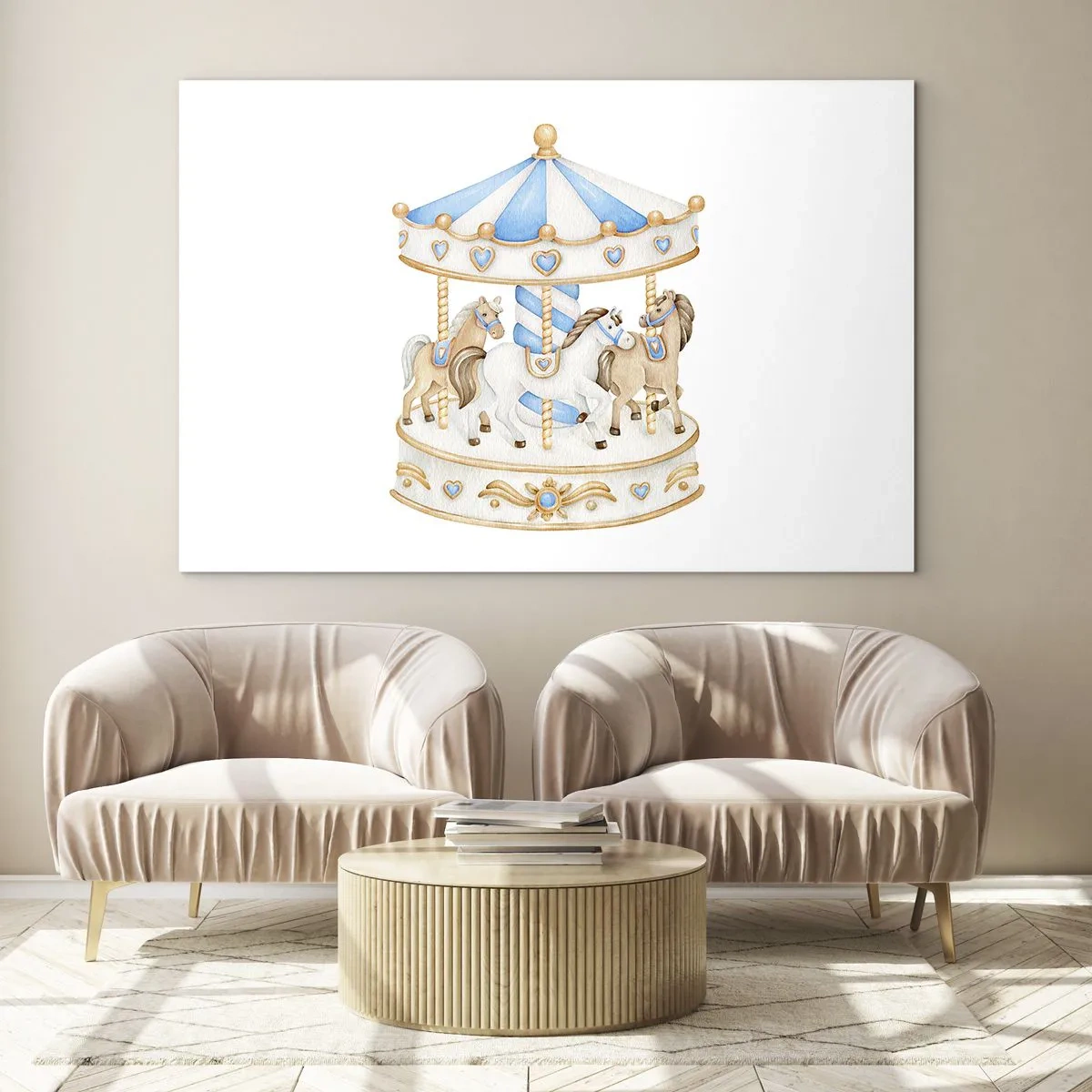 Impression sur verre - Image sur verre - Un carrousel avec des chevaux aux couleurs pastel - 70x50cm - Douce enfance - Décoration murale moderne pour le salon et la chambre ARTTOR