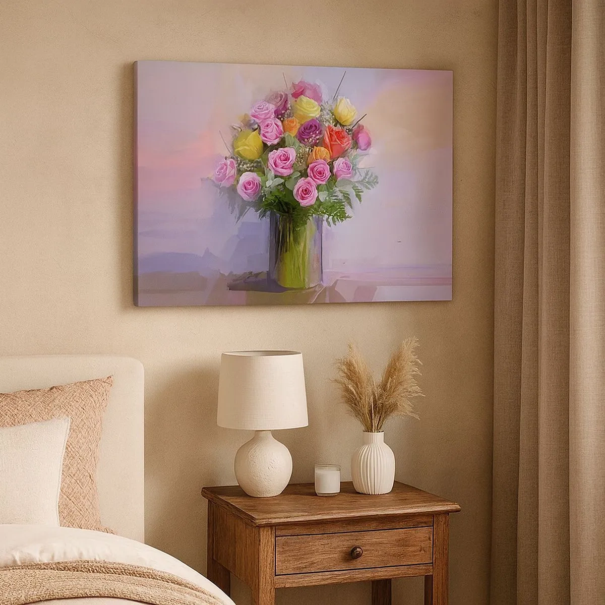 Impression sur toile - Image sur toile - Un bouquet de roses colorées dans un vase en verre - 70x50cm - Beauté conservée - Décoration murale moderne pour le salon et la chambre ARTTOR