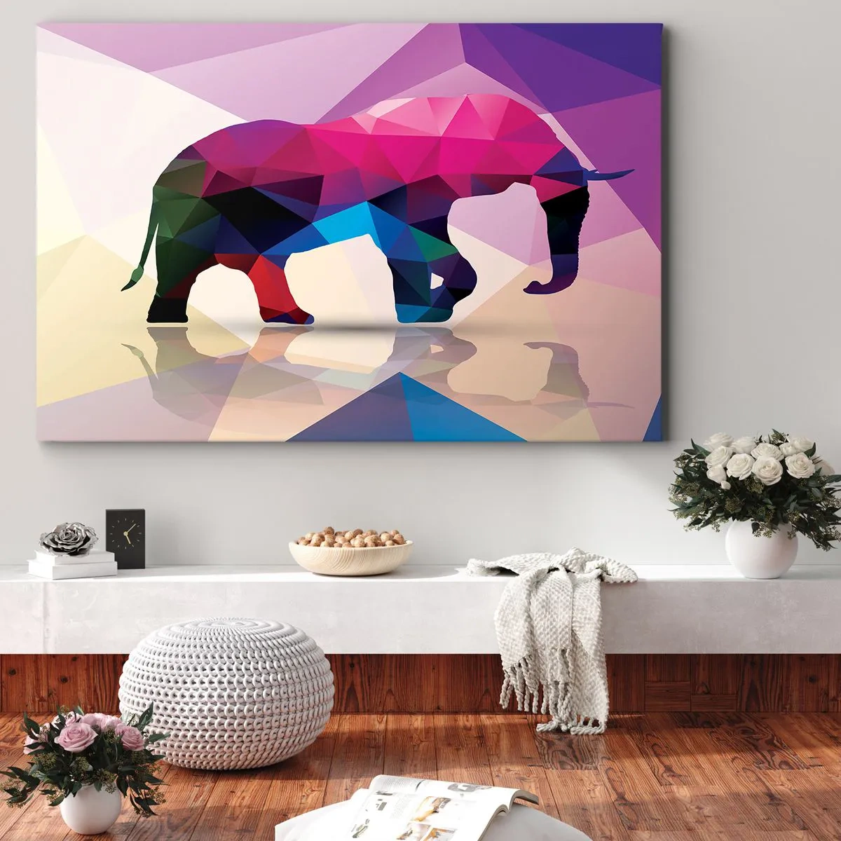 Impression sur toile - Image sur toile - Silhouette géométrique d'un éléphant aux couleurs vives - 70x50cm - Dinosaure en cristal - Décoration murale moderne pour le salon et la chambre ARTTOR