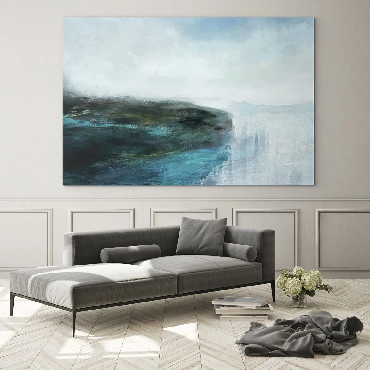 Impression sur verre - Image sur verre - Paysage aquatique abstrait aux couleurs dominantes bleu et blanc - 70x50cm - Abstraction nautique - Décoration murale moderne pour le salon et la chambre ARTTOR