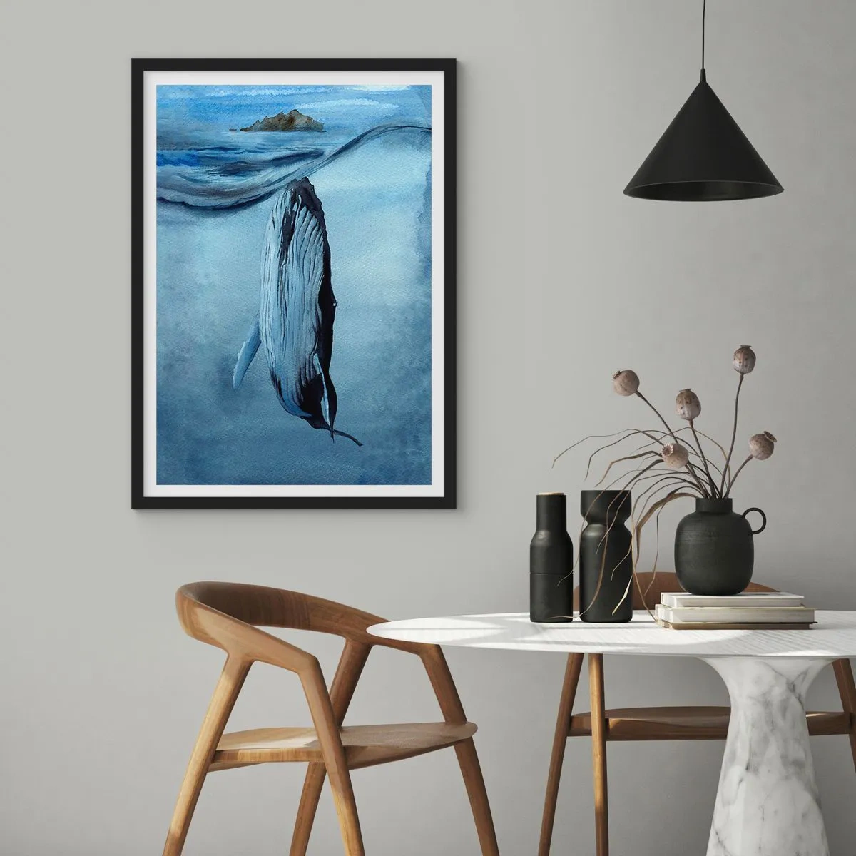 Affiche dans un cadre noir - Poster - Une baleine sous la surface de l'océan - 50x70cm - Deux mondes nordiques - Décoration murale moderne pour le salon et la chambre ARTTOR