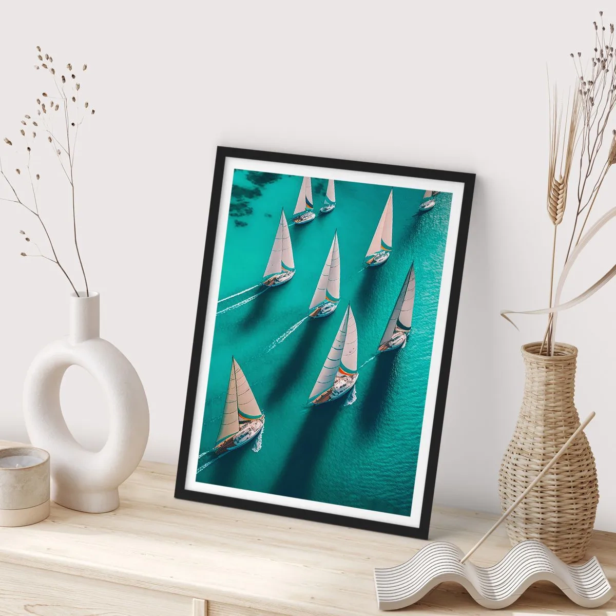Affiche dans un cadre noir - Poster - Régate de voile sur une eau turquoise - 50x70cm - Dans une compétition avec le vent - Décoration murale moderne pour le salon et la chambre ARTTOR