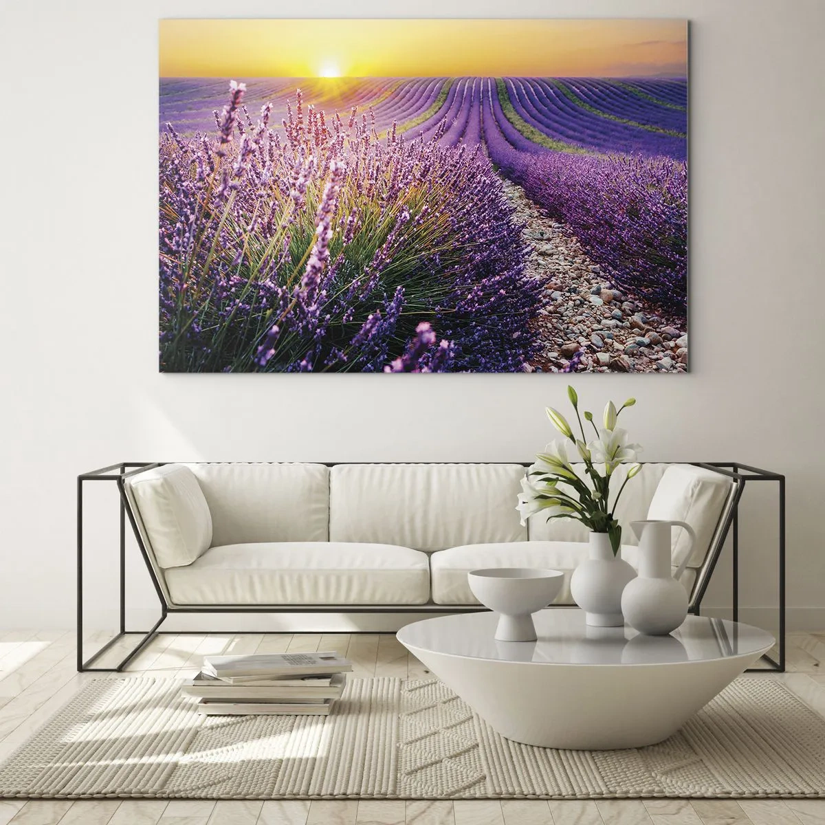 Impression sur verre - Image sur verre - Champ de lavande au lever du soleil avec un chemin rocailleux - 70x50cm - Tige parfumée - Décoration murale moderne pour le salon et la chambre ARTTOR