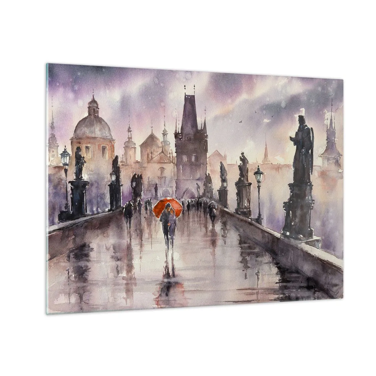 Impression sur verre - Image sur verre - Marcher sous la pluie sur un pont avec un parapluie orange - 70x50cm - Les gens ne changent pas - Décoration murale moderne pour le salon et la chambre ARTTOR