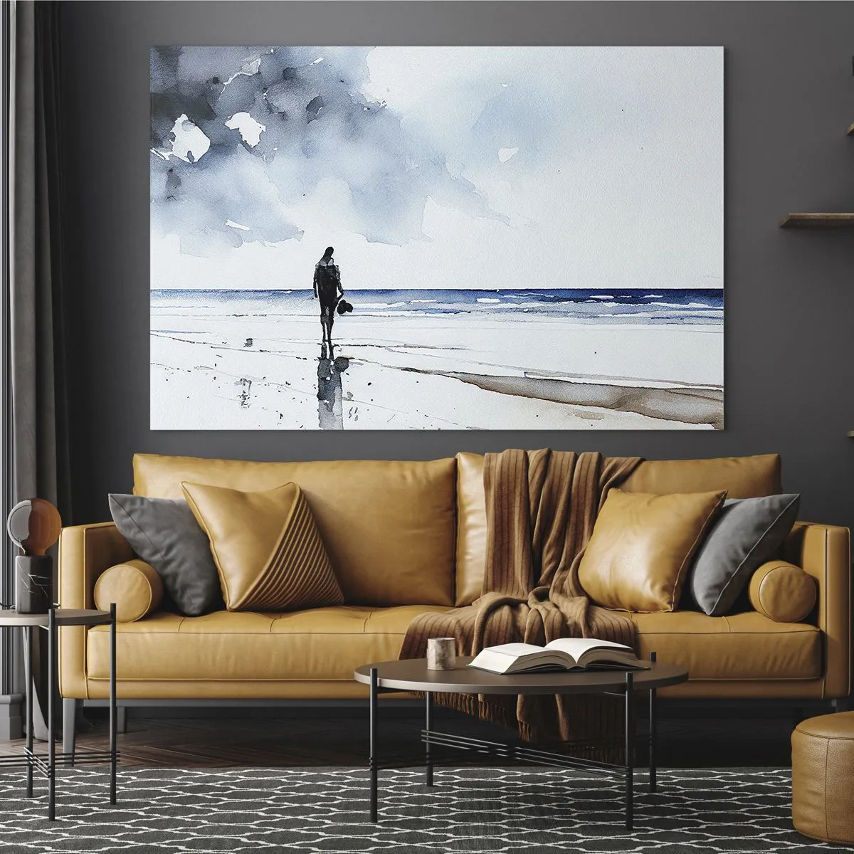 Impression sur verre - Image sur verre - Silhouette d'une personne au bord de la mer dans une aquarelle délicate - 70x50cm - Conversation avec la mer - Décoration murale moderne pour le salon et la chambre ARTTOR