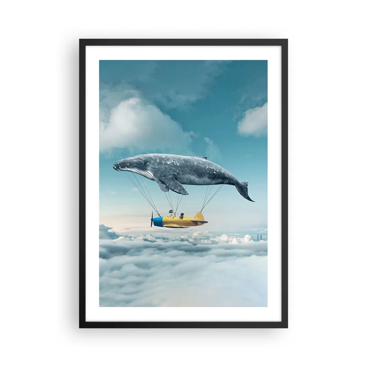 Affiche dans un cadre noir - Poster - Une image fantastique d'une baleine soulevant un avion au-dessus des nuages. - 50x70cm - Pourquoi pas? - Décoration murale moderne pour le salon et la chambre ARTTOR