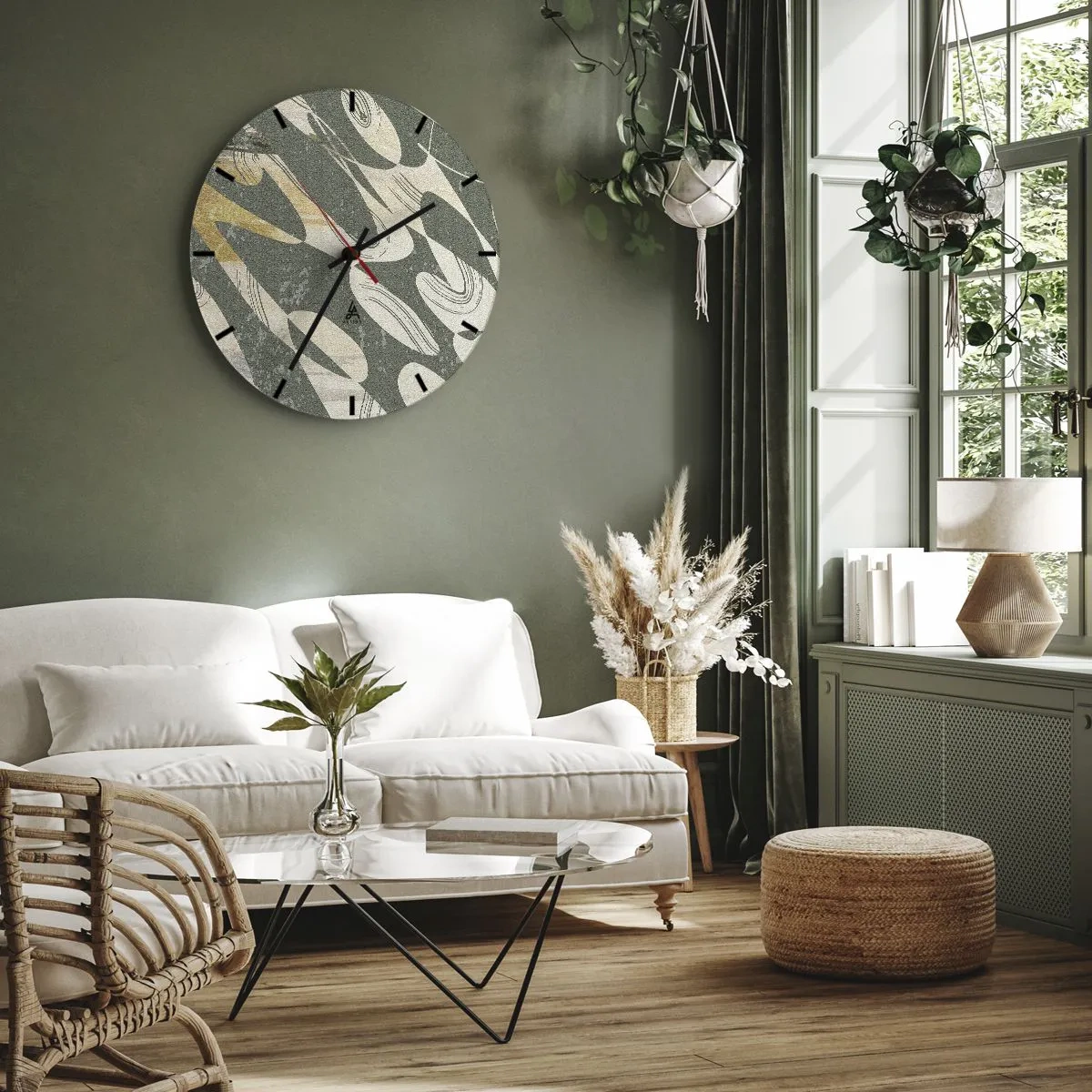 Horloge murale - Pendule murale - Formes organiques et rythmiques sur fond olive - 30x30cm - Abstraction rythmique - Décoration murale moderne pour le salon, la cuisine et la chambre ARTTOR