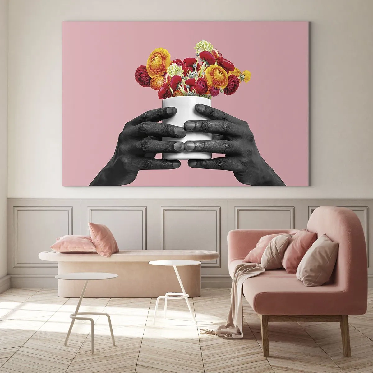 Impression sur verre - Image sur verre - Mains noires et blanches tenant un bouquet de fleurs colorées - 70x50cm - Apothéose de la vie - Décoration murale moderne pour le salon et la chambre ARTTOR