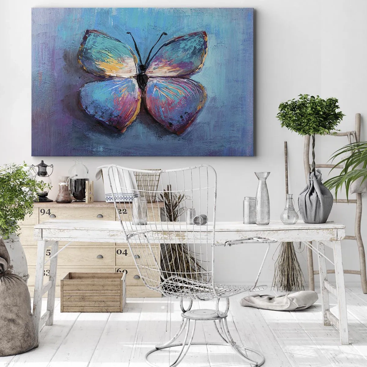 Impression sur toile - Image sur toile - Papillon coloré sur fond bleu - 70x50cm - Dans toute sa splendeur - Décoration murale moderne pour le salon et la chambre ARTTOR