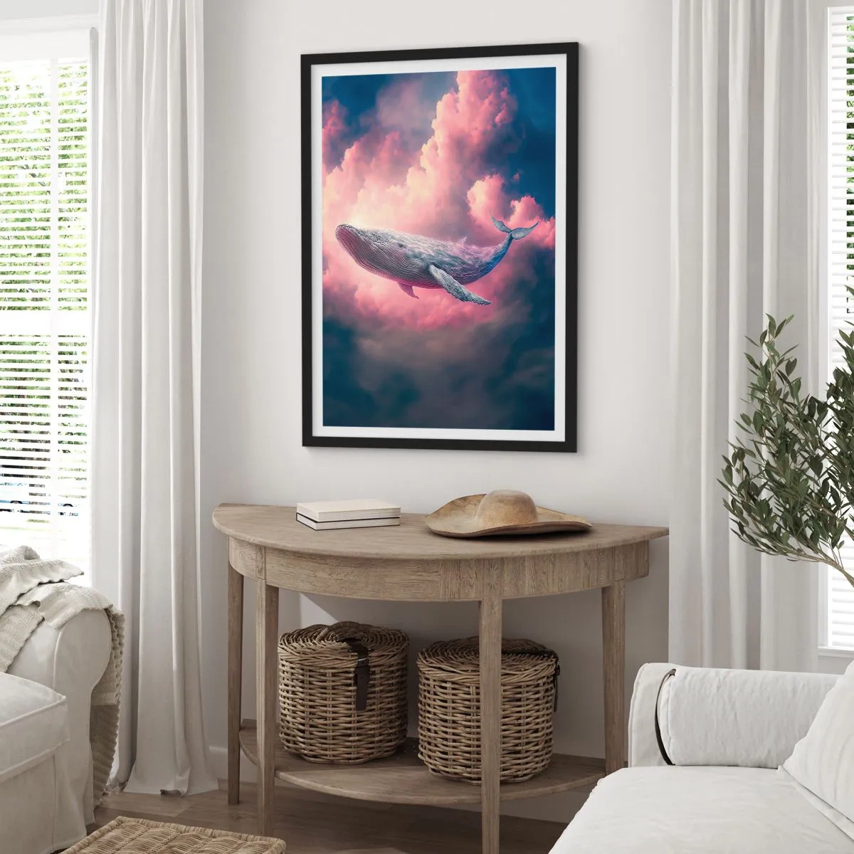 Affiche dans un cadre noir - Poster - Une baleine vole parmi les nuages roses au coucher du soleil. - 50x70cm - Frottez-vous les yeux - Décoration murale moderne pour le salon et la chambre ARTTOR