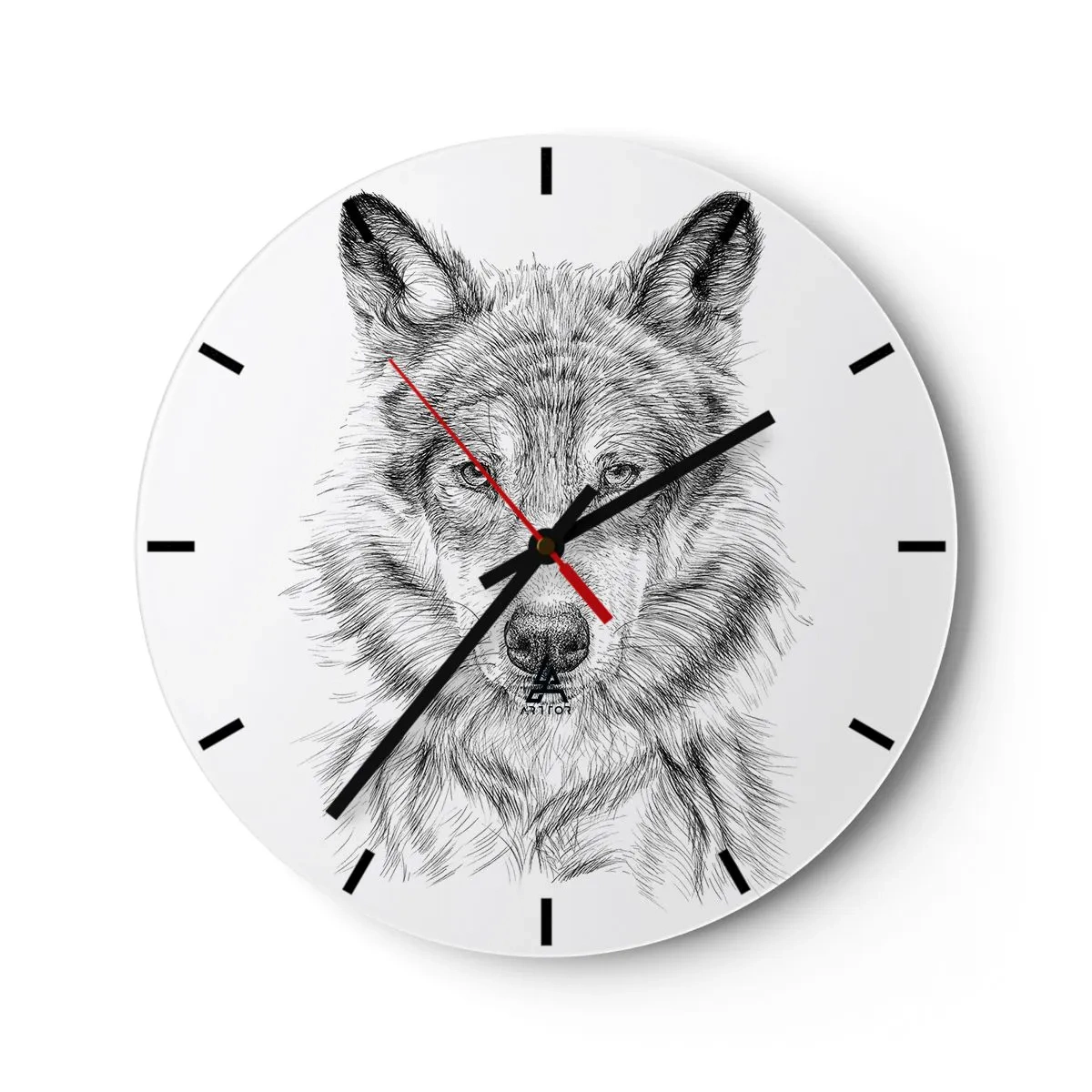 Horloge murale - Pendule murale - Croquis noir et blanc d'une tête de loup sur fond blanc - 30x30cm - Un leader né - Décoration murale moderne pour le salon, la cuisine et la chambre ARTTOR