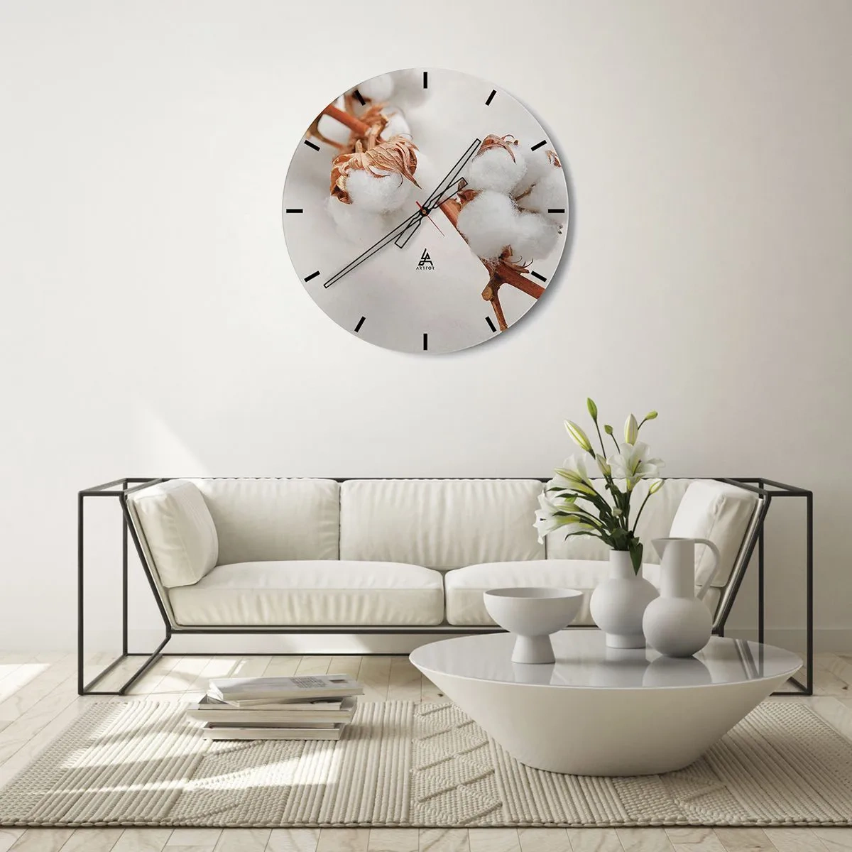 Horloge murale - Pendule murale - Fleurs de coton blanches et duveteuses sur fond clair - 30x30cm - Seulement caliner - Décoration murale moderne pour le salon, la cuisine et la chambre ARTTOR