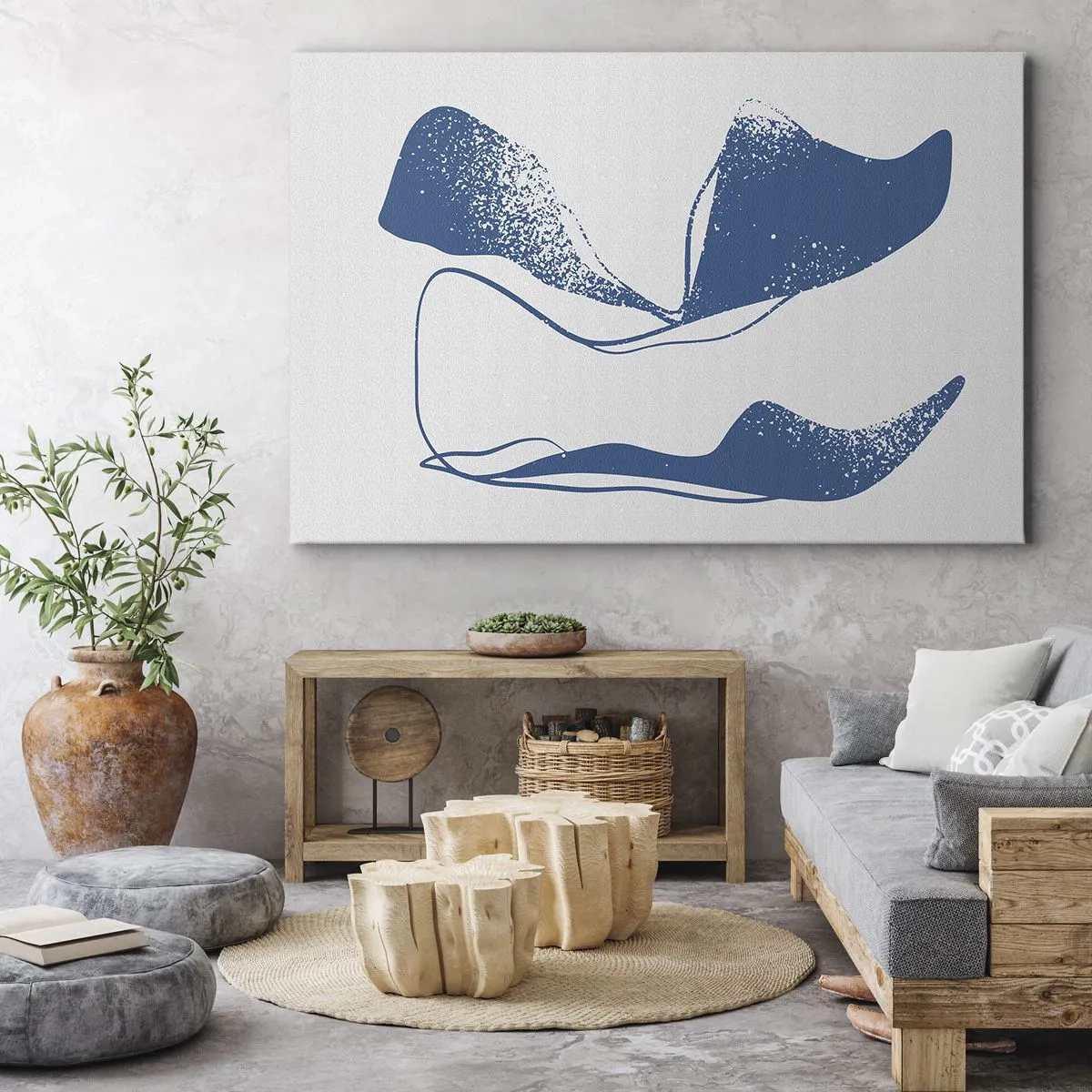 Impression sur toile - Image sur toile - Formes abstraites dans des tons bleus sur fond blanc - 70x50cm - Abstraction ailée - Décoration murale moderne pour le salon et la chambre ARTTOR