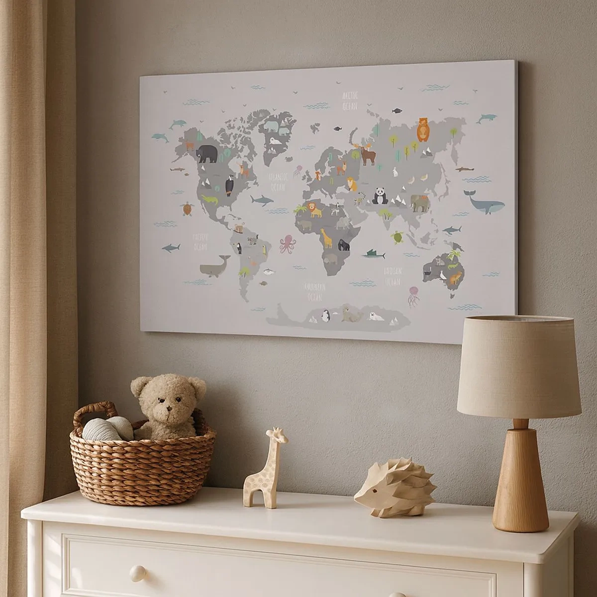 Impression sur toile - Image sur toile - Une carte du monde avec des illustrations d'animaux sur fond gris - 70x50cm - Dis-moi d'où tu viens... - Décoration murale moderne pour le salon et la chambre ARTTOR