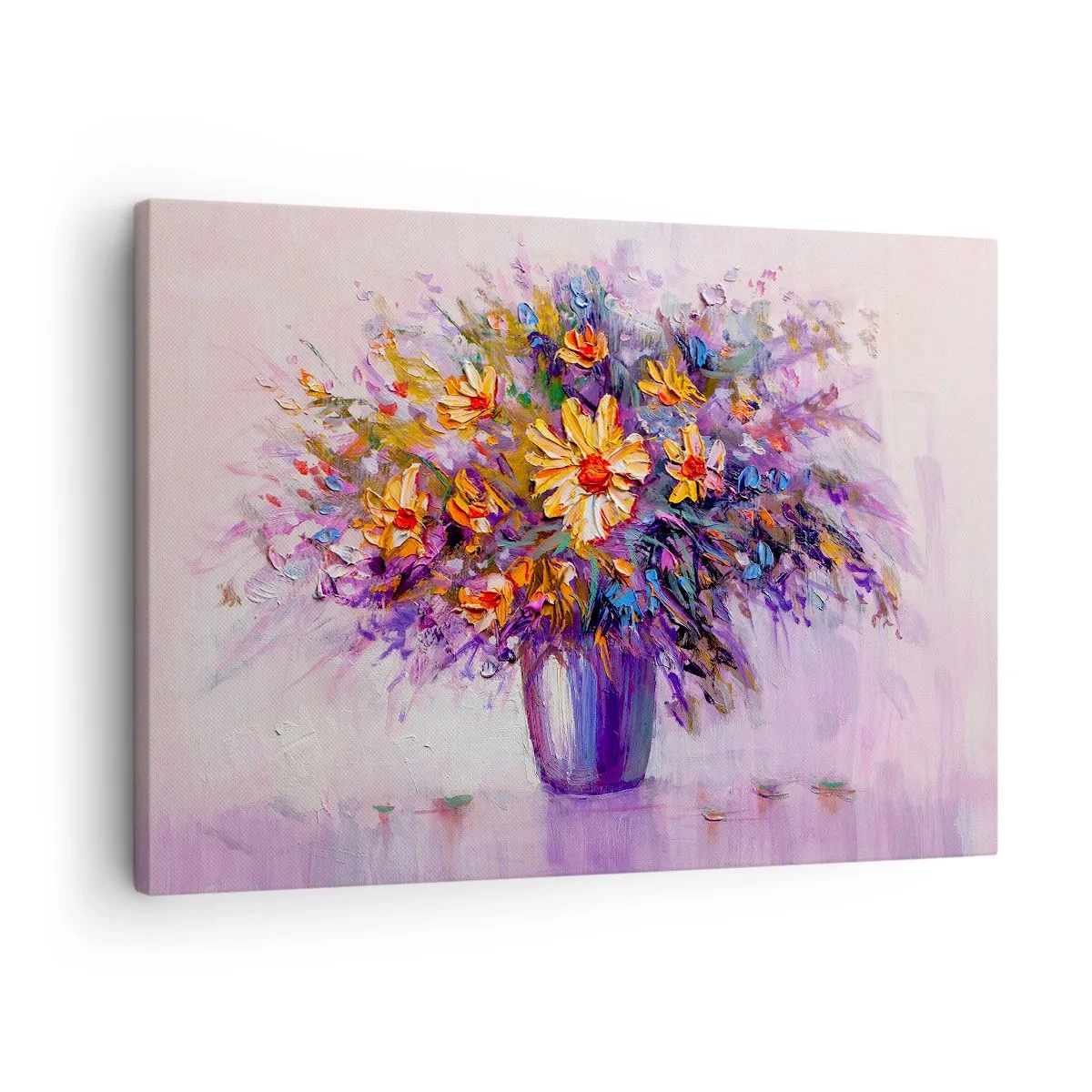 Impression sur toile - Image sur toile - Un bouquet de fleurs dans un vase sur fond pastel - 70x50cm - Ça sent bon, ça a l'air doux - Décoration murale moderne pour le salon et la chambre ARTTOR