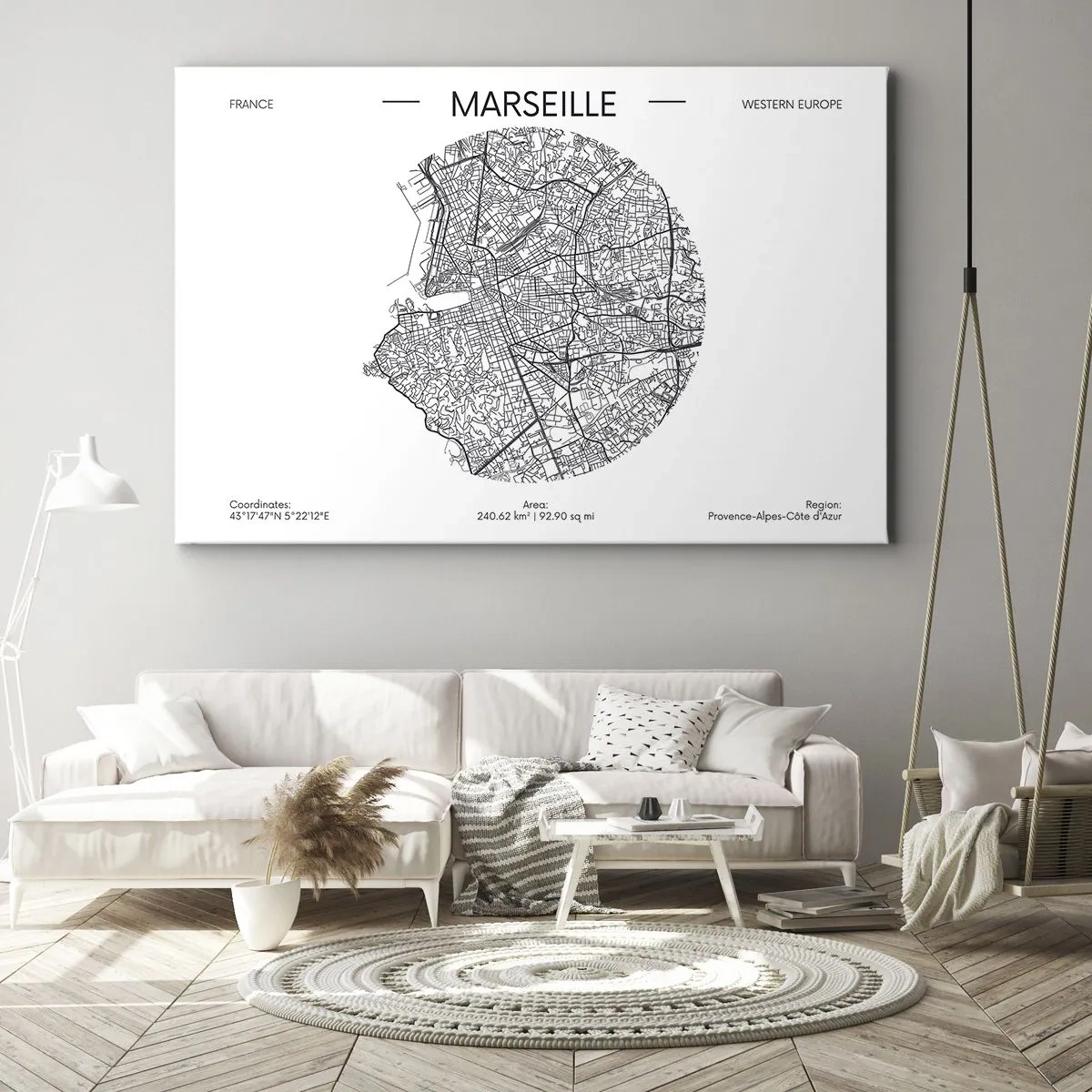 Impression sur toile - Image sur toile - Carte de Marseille dans un style minimaliste - 70x50cm - Anatomie de Marseille - Décoration murale moderne pour le salon et la chambre ARTTOR