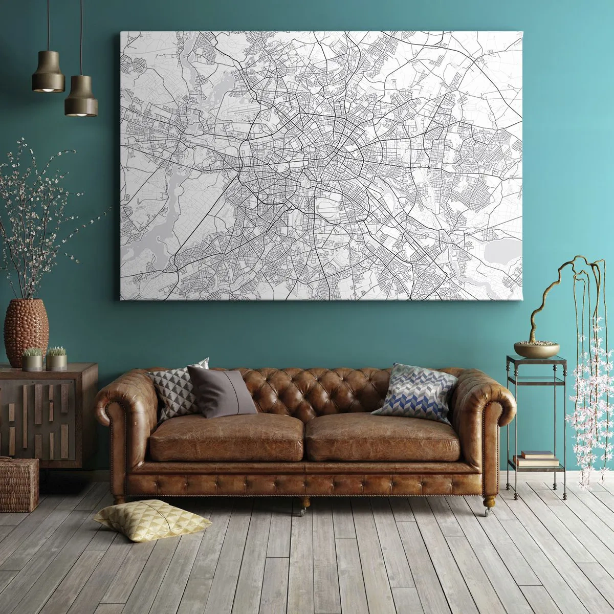 Impression sur toile - Image sur toile - Carte détaillée de la ville en noir et blanc - 70x50cm - Fleur de Berlin - Décoration murale moderne pour le salon et la chambre ARTTOR